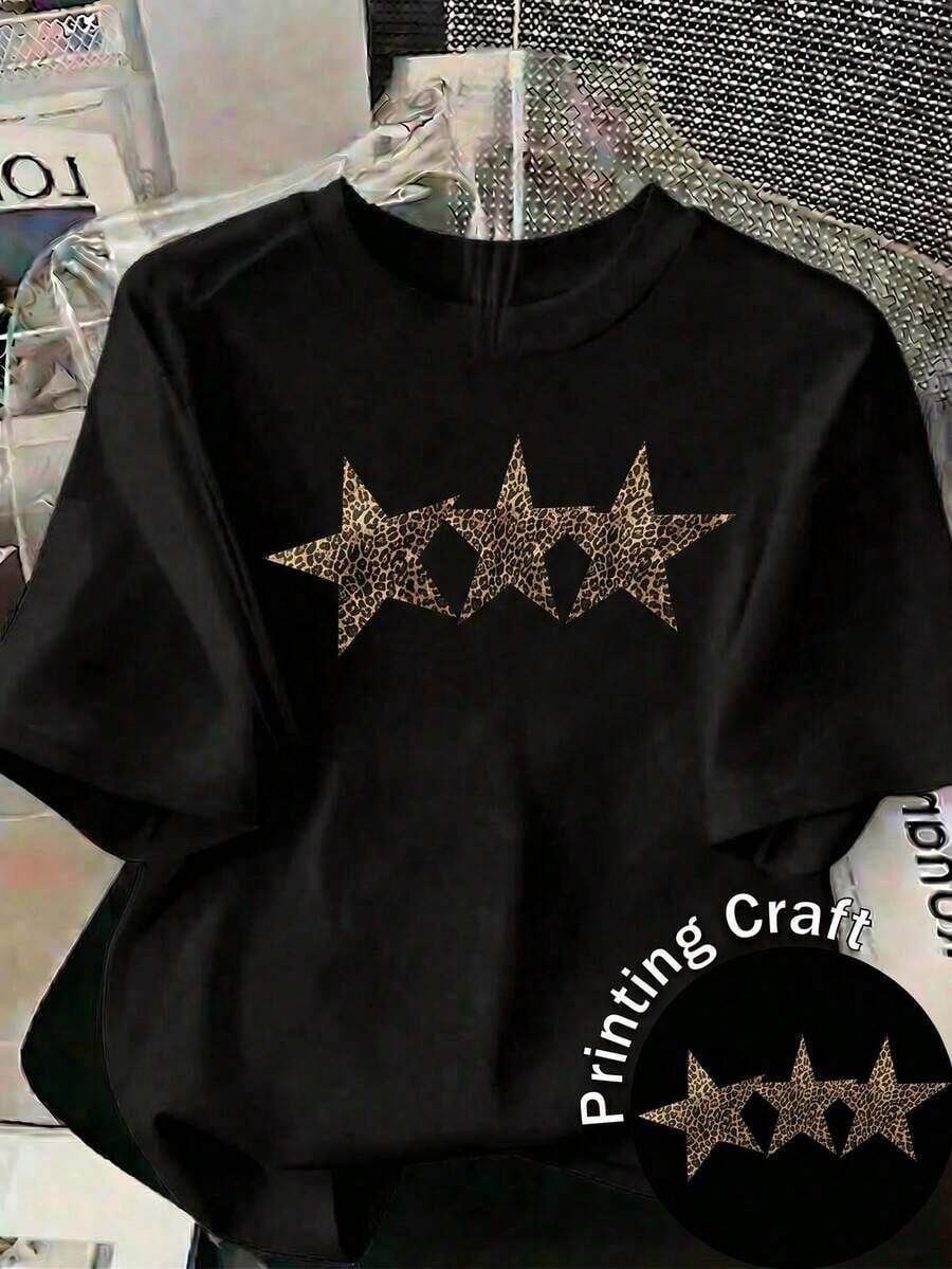 Camisetas de calor para mujer, camiseta blanca casual con estampado de leopardo y estrellas, manga corta, cuello redondo, top de poliéster para estilo urbano.