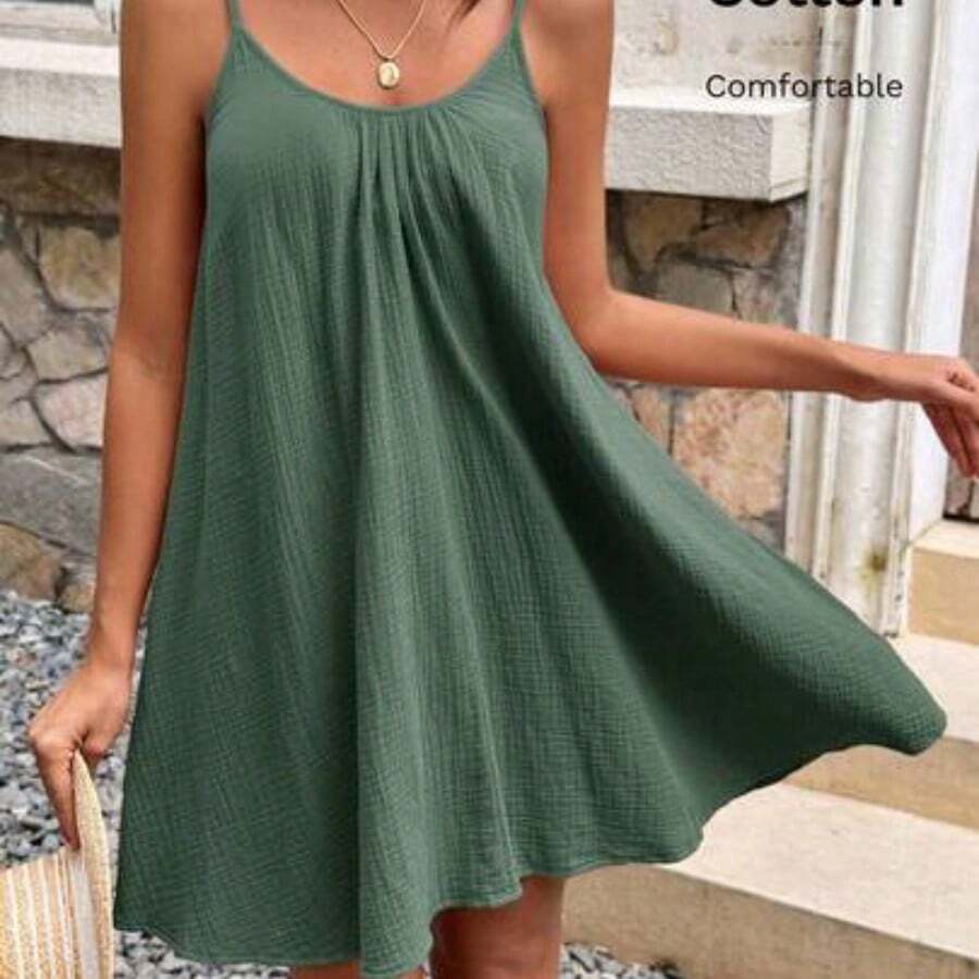 Frenchy Women's Solid Color Cotton Muscle Spaghetti Straps Summer Holiday Style Dress, Dress, Tank Dress, Summer Women's Clothing, Cotton Women's Clothing Black Vacation Casual Beach Resort - Verde Oscuro - Ver 1