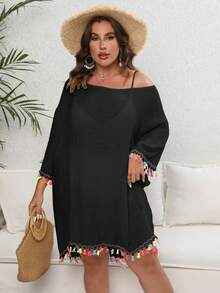 Plus Size Beach Dress For Women With Multicolored Fringe, Loose And Short, Various Colors, Ideal For Summer - 黑色 - 查看 1