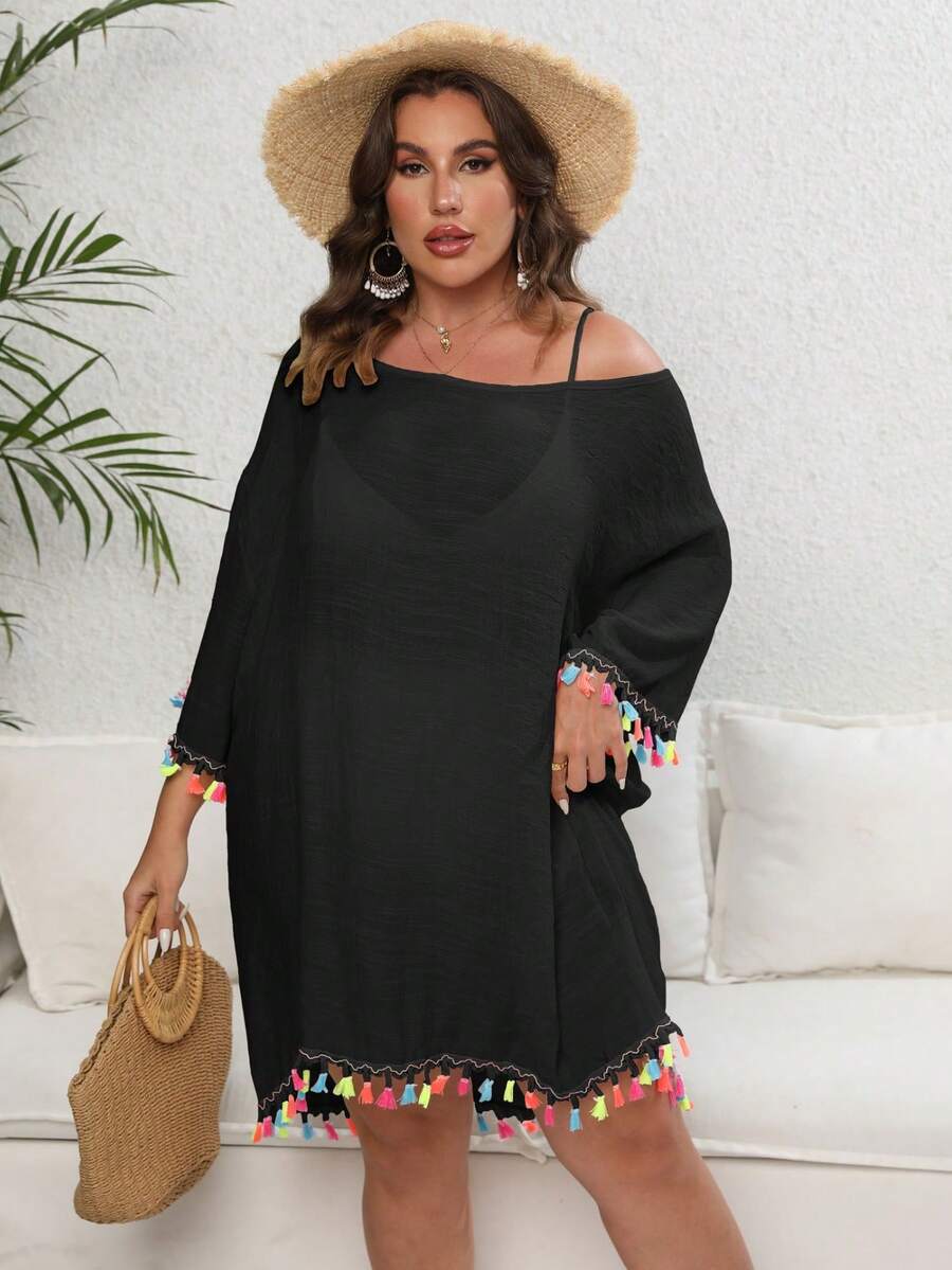 Plus Size Beach Dress For Women With Multicolored Fringe, Loose And Short, Various Colors, Ideal For Summer - 黑色 - 查看 1