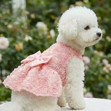 1件寵物狗裙,適合小型/中型犬和貓,狗衣服,適合日常使用和生日派對,粉色3D玫瑰花,精緻腰部蝴蝶結 - 粉色 - 查看 9