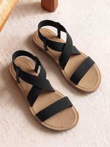 Women's Blush Flat Sandals For Women, Open Toe Elastic Cross Ankle Strap Fashion Summer Flat Sandals - Black - View 1