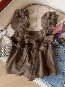 Frenchy Camiseta de tirantes de mujer con volantes de unicolor y parches, con detalle de nudo en la espalda - Marrón - Ver 1