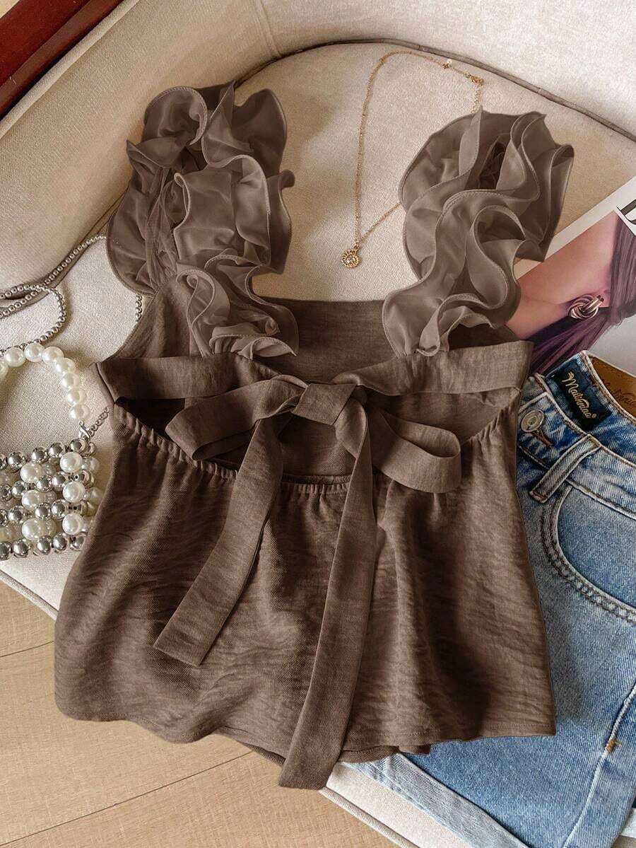 Frenchy Camiseta de tirantes de mujer con volantes de unicolor y parches, con detalle de nudo en la espalda - Marrón - Ver 1