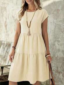 Vestido casual de mujer de manga corta, cuello redondo y longitud media, con aspecto de lino verde, para primavera/verano - Albaricoque - Ver 7