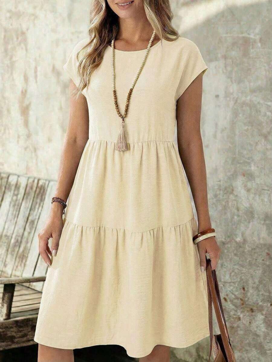 Women's Casual Dress With Short Sleeves, Round Neck And Mid-Length, With A Green Linen Look, For Spring/Summer - 杏色 - 查看 1