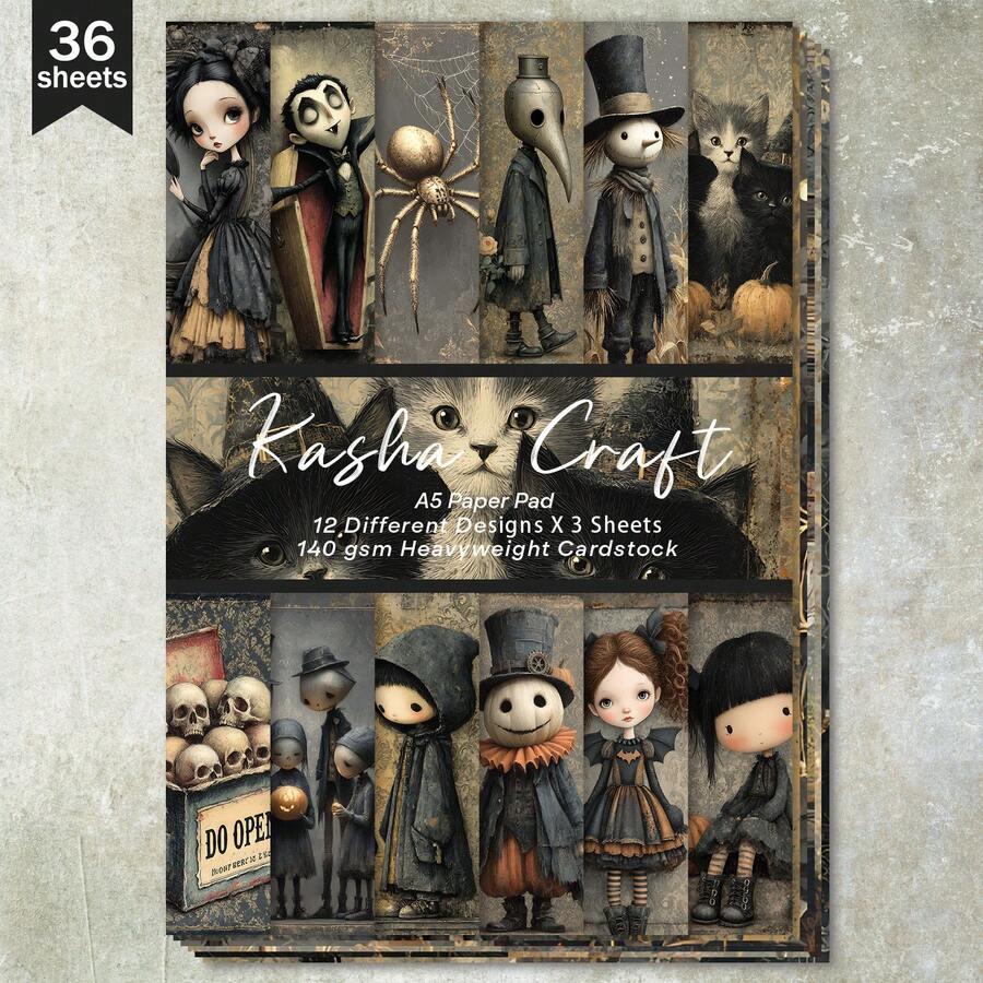 36 Sheets A5 Dark Halloween Cartoon Character Background Scrapbooking Paper, Suitable For Bullet Journal, Scrapbook, Card Making And Craft Projects - Rectangle - View 1