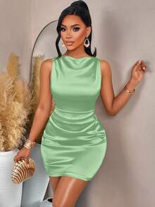 AIJ Amarilo Women's Autumn/Winter Open Shoulder Ruffle Waist A-Line Solid Satin Mini Dress For Dates, Gatherings And Parties Elegant Party Summer - Light Green - View 4