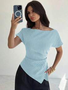 Blusa asimétrica casual y elegante a cuadros, adecuada para ir al trabajo, uso casual diario y vestimenta de negocios de moda para mujer / Vuelta al colegio / Profesora / Blusas para salir / Blusas para salir / Mujer de negocios casual / Camisa a - Celeste - Ver 7