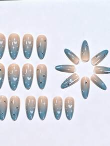 24 piezas de uñas postizas de almendra azul degradado con cobertura completa, brillantes, uñas falsas con corazón y estrella de strass, puntas de uñas falsas reutilizables - Multicolor - Ver 6