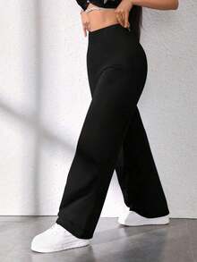 Pantalones rectos sueltos de cintura alta de unicolor casual para mujer, negro - Negro - Ver 6