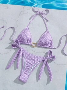 女士印花掛脖綁帶式兩件式泳衣：性感時尚、年輕簡約、高級活潑可愛，適合海灘度假與旅行派對 - 紫色白點 - 查看 4