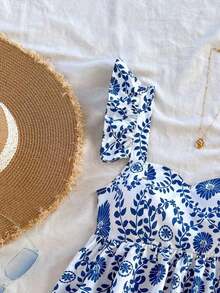 Blusa de corte de línea A con cuello cuadrado, manga corta y estampado retro azul y blanco, adecuada para fiestas, citas, el Día de San Valentín, el té de la tarde - Azul y blanco - Ver 5