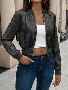 Chaqueta de béisbol con cremallera metálica dorada, puños acanalados, ajuste slim, elegante y versátil, cárdigan corto para ropa de fiesta de Año Nuevo - Negro - Ver 6