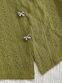 Blusa casual de mujer con manga corta, bordado de malla y lazo con botón - Verde - Ver 3