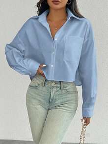 Camisa casual de manga larga con bolsillo, de ajuste suelto y hombros caídos, de unicolor, para primavera/verano, Top de manga larga - Azul - Ver 1