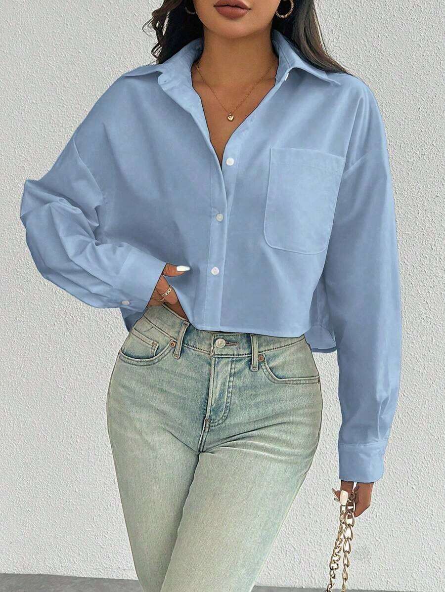 Camisa casual de manga larga con bolsillo, de ajuste suelto y hombros caídos, de unicolor, para primavera/verano, Top de manga larga - Azul - Ver 1