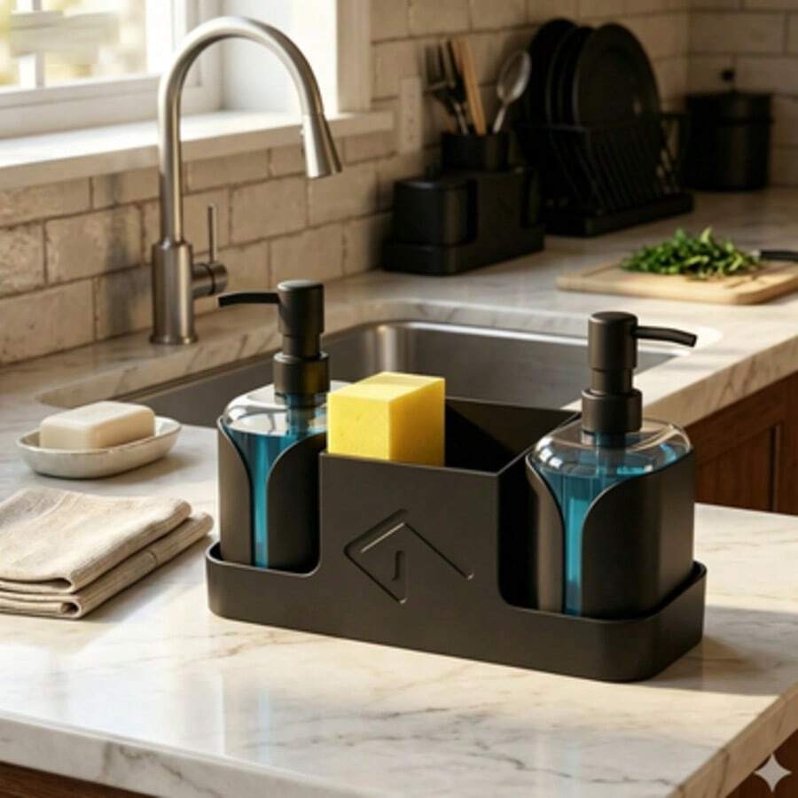 3-In-1 Kitchen Sink Caddy With 2 Soap Dispensers, Black Plastic Countertop Organizer For Sponge, Brush, Razor, Bathroom/Kitchen Storage Holder, Multifunctional Home Organizer, For Housewives, Home Cooks, Daily Use - Soap Dispenser - View 1