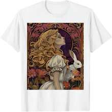 Camiseta blanca de algodón para mujer, de manga corta y cuello redondo, con diseño de Alicia en el País de las Maravillas. - Blanco - Ver 1