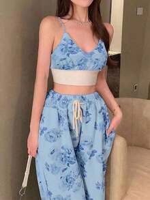 Petite Conjunto de 2 piezas: Top corto tipo camiseta con estampado y pantalones de cintura alta con pernera ancha - Azul - Ver 3