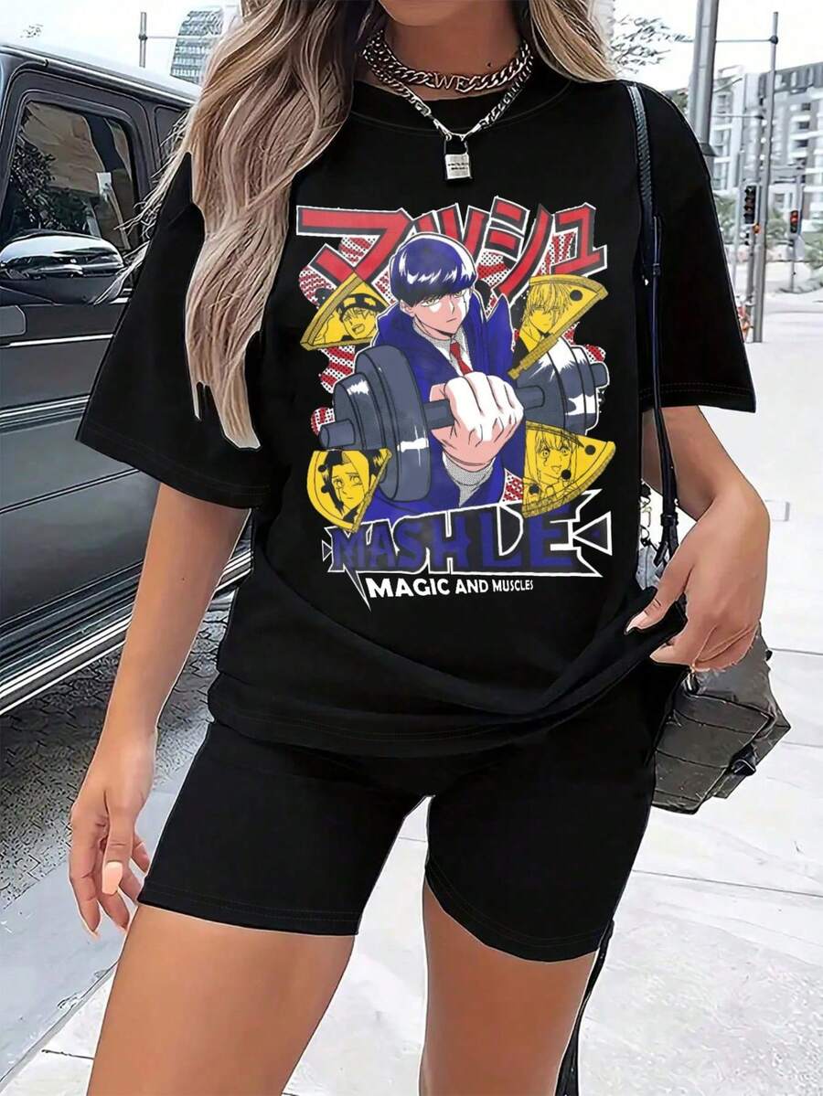 1 Piece 180g Women's Cotton Shirt, Oversized Short Sleeve Round Neck With Print For Daily And Street Wear, Designed By Y2K Artists In The Bababask Style - 黑色 - 查看 1