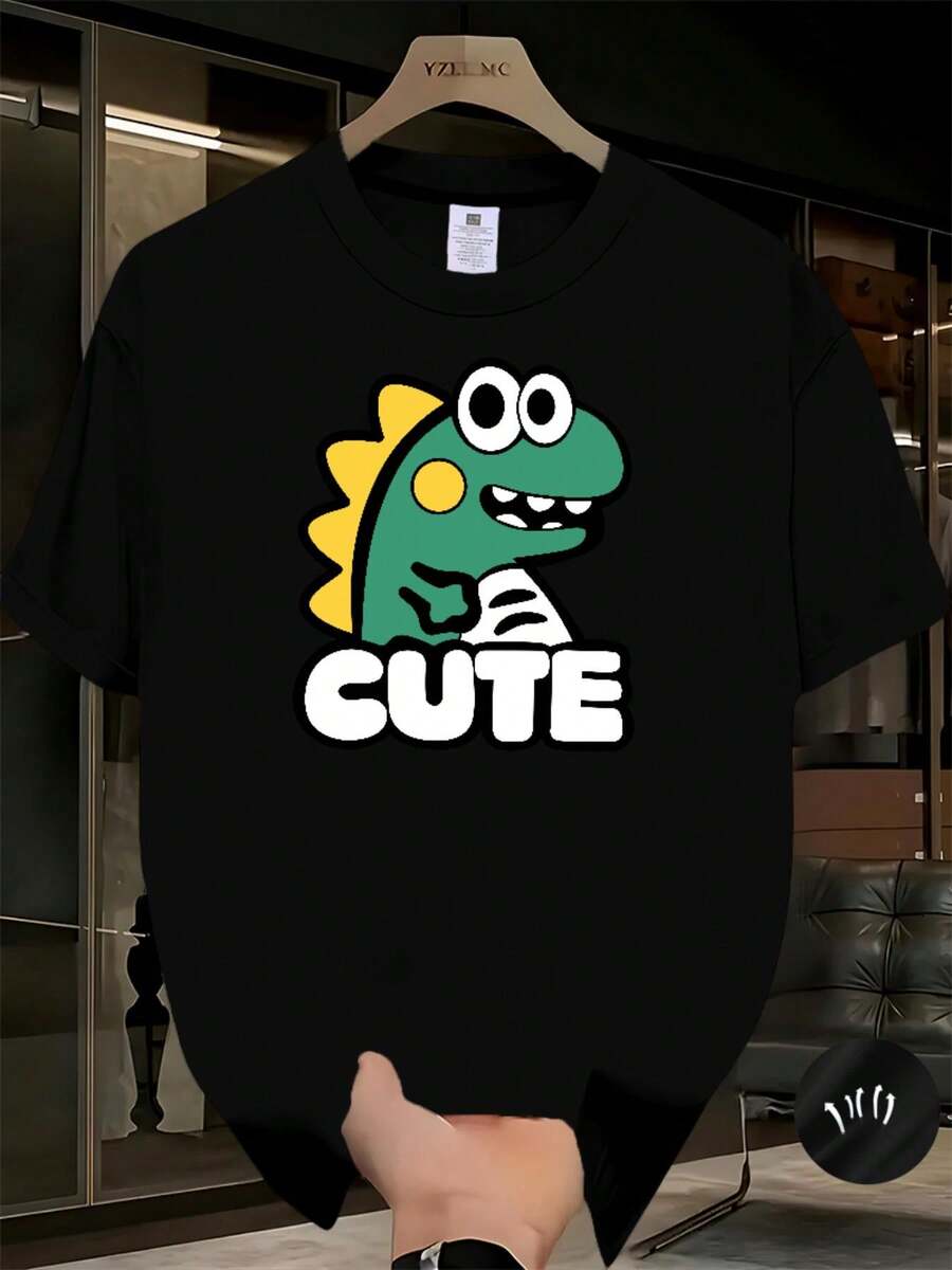 T-Shirt With Cute Black Dinosaur Print - Summer Short Sleeve T-Shirt With Green Dinosaur Cartoon, Breathable, Casual, Crew Neck With Kawaii Style Lettering For Anime Fans - 黑色 - 查看 1