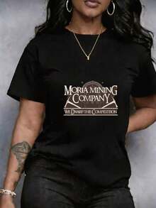 Camiseta para Mujer nuevo diseño Urbano Estampado de Dibujos Animados en fondo de color liso, que incluye pico herramienta minera, texto y símbolos místicos, de estilo casual de manga corta y cuello redondo, manga corta de cuello redondo, ideal para uso diario citas o ropa casual y Uso Casual, Ajuste Cómodo, Transpirable Lavable, cómoda suave para el día a día. - Negro - Ver 12