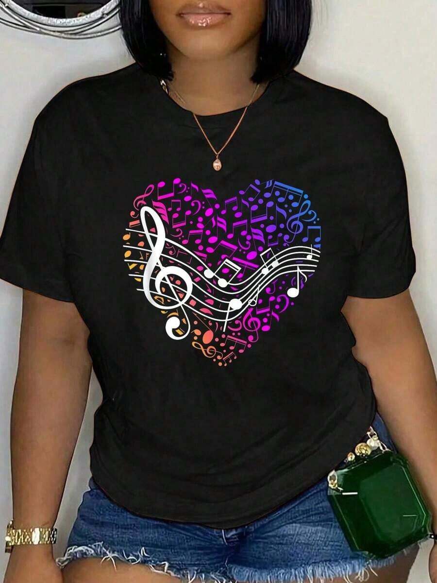 1 pieza de camiseta casual para mujer, 100% algodón, con estampado de notas musicales, corazón y clave de sol, camiseta de música para mujer y hombre, de corte holgado, cómoda y suave, con cuello redondo, camiseta premium para mujer, estilo Y2K, camisetas de moda de verano, camisetas casuales de estilo urbano. - Negro - Ver 1