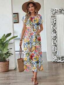 Vestido casual de mujer con estampado floral y manga corta, ideal para vacaciones de verano - Multicolor - Ver 1