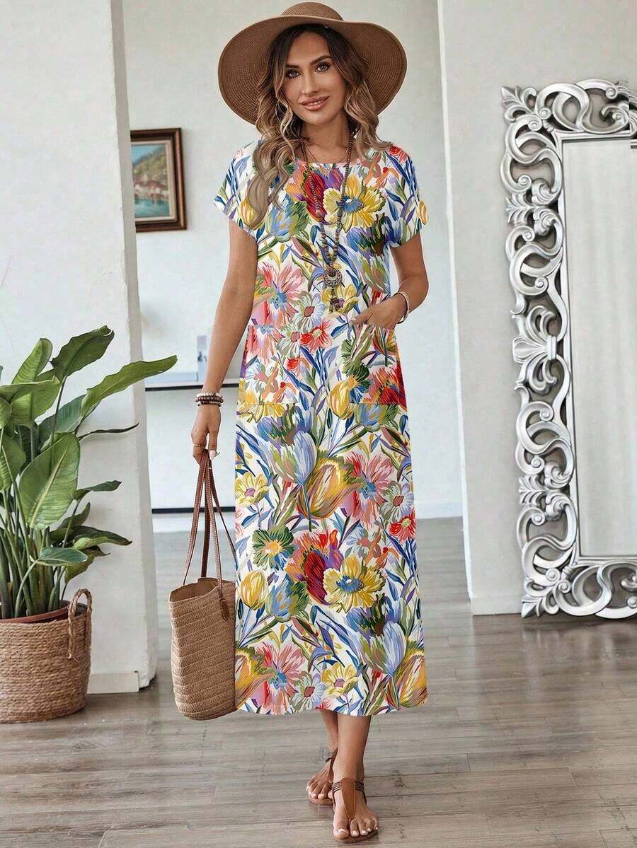 Vestido casual de mujer con estampado floral y manga corta, ideal para vacaciones de verano - Multicolor - Ver 1