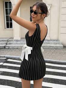Vestido coreano de mujer con estampado de lunares, lazo y tirantes versátil y de moda - Negro - Ver 2