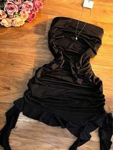 Elegante vestido ajustado de color vino tinto con cuello halter, con diseño asimétrico y fluido, perfecto para fiestas, vacaciones en la playa, festivales de música, salidas y citas, vestido ajustado de verano para mujer, vestido de fiesta para mujer - Negro - Ver 5