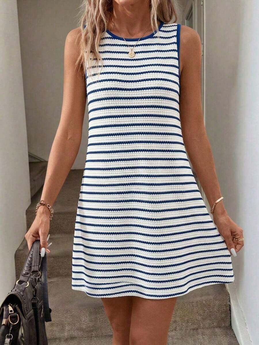corto casual de mujer de cuello redondo sin mangas a rayas, para verano - Multicolor 2 - Ver 1