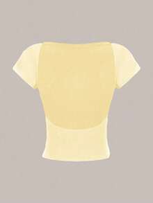 Camiseta casual de mujer de cuello de pico, manga corta y ajustada, versátil - Amarillo - Ver 2