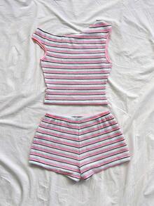 Eduarda Gutierrez  Conjunto de 2 piezas para mujer con top corto de punto a rayas y shorts ajustados de tiro súper bajo, atuendo adecuado para vacaciones, fiestas, Navidad, San Valentín, citas, playa, crucero, carnaval, Pascua, Año Nuevo Chi - Multicolor 5 - Ver 2