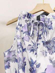 Blusa casual versátil de uso diario con estampado floral y pliegues para mujer - Azul y blanco - Ver 3