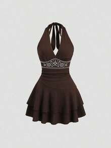 Sweetro Vestido mini de línea A con cuello de lazo bordado con flores, dobladillo con volantes. Vestido de fiesta elegante adecuado para fiestas de Navidad, Año Nuevo, Acción de Gracias, primavera, verano, otoño e invierno - Marrón - Ver 6