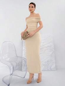 YHHAloruh Vestido de punto de unicolor elegante con hombros descubiertos para ocasiones formalesYHH - Blanco 2 - Ver 5