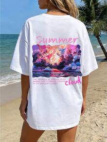 Camiseta ho de mujer con estampado de pintura al óleo de paise de verano, de manga corta, cuello redondo y hombros caídos - Blanco - Ver 2