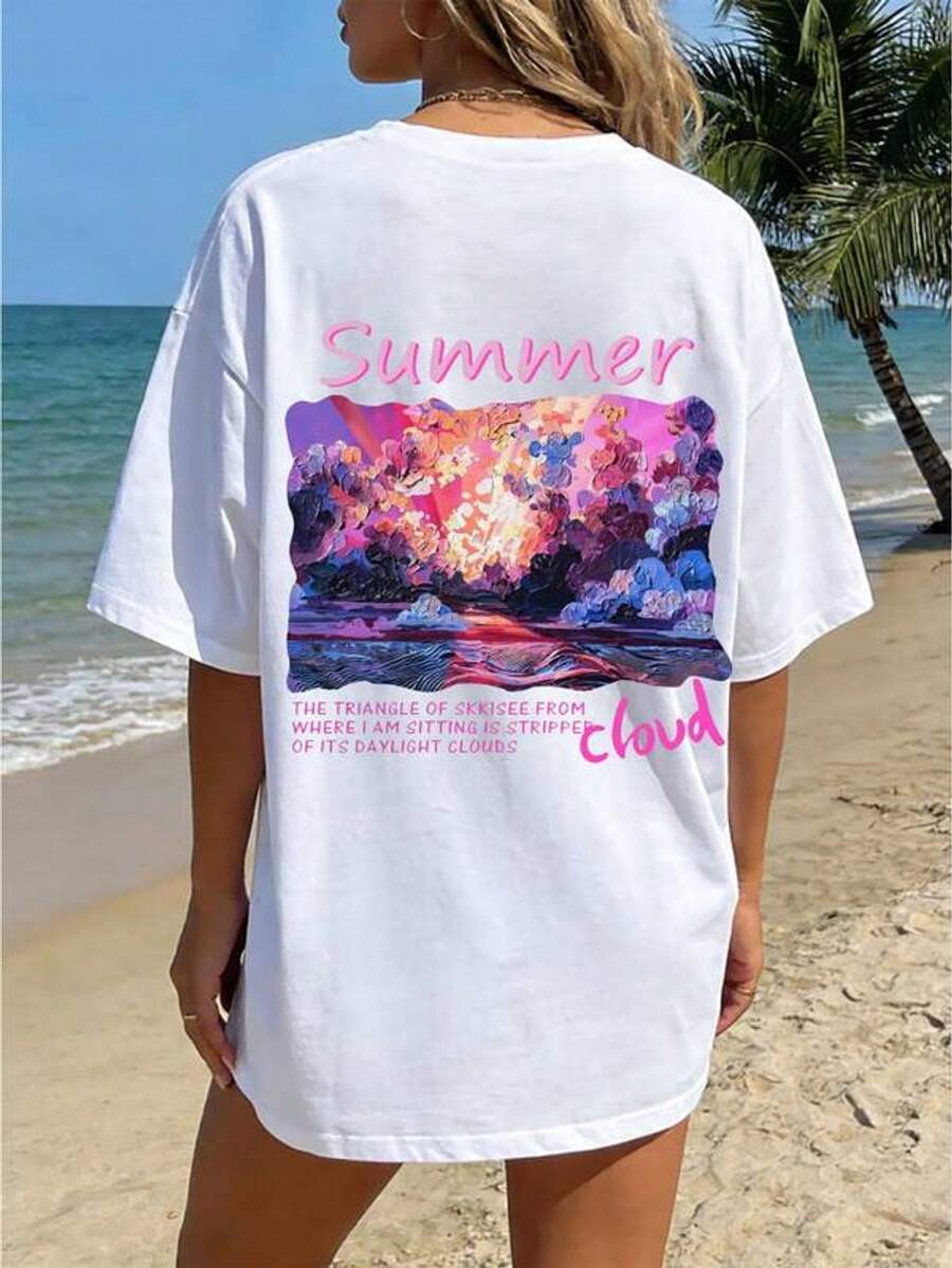 Camiseta ho de mujer con estampado de pintura al óleo de paise de verano, de manga corta, cuello redondo y hombros caídos
