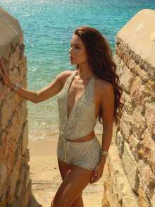 Conjunto de 2 piezas de punto de verano para mujer, top de punto sin mangas con lazo delantero a juego con shorts con cordón, estilo casual de vacaciones en la playa, conjunto ajustado y sexy en color camello, ropa de verano para mujer - Camel - Ver 3