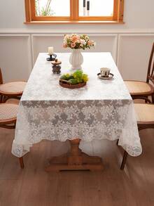 1pc French Countryside Style Floral Lace Trim Tablecloth, Holiday Decor - White - View 9