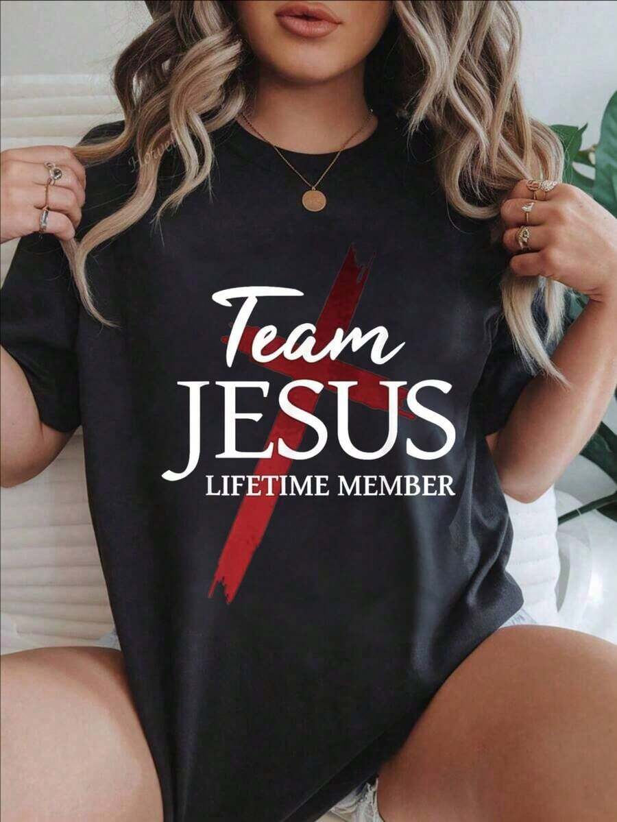 Women's Casual Short Sleeve T-Shirt - Red Cross Design "Team Jesus Lifetime Member", Crew Neck, Summer Top, Machine Washable, Ladies' T-Shirts, Casual Wear, Modern Style, Comfortable Fit
-White - 黑色 - 查看 1