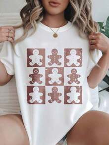 Camiseta Casual de Moda para Mujer con Estampado de Patrón de Tablero de Ajedrez de Hombres de Jengibre, Adecuada para Todas las Temporadas  
 Negro - Blanco - Ver 1