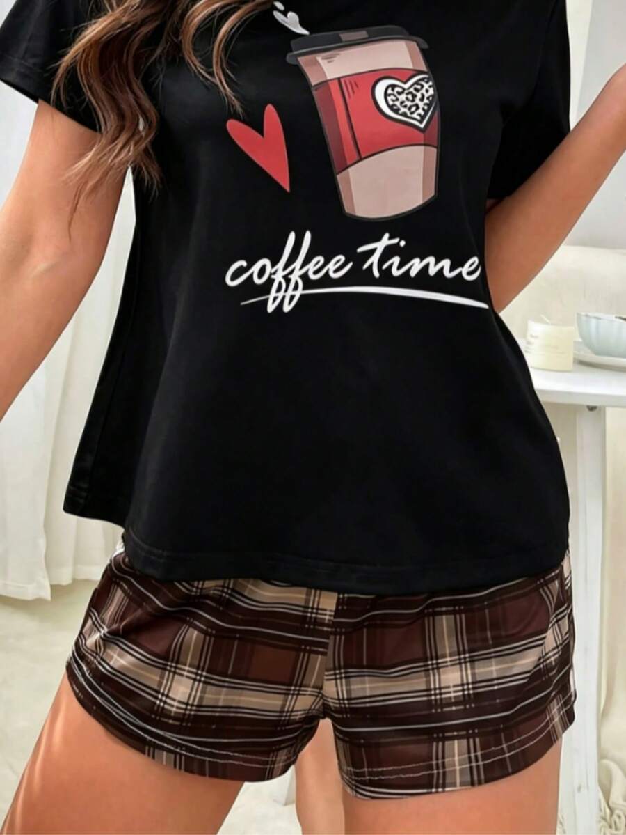 Camiseta Mujer Cuello Redondo Manga Corta "Coffee Time" para Pijama Casual - Negro - Ver 1
