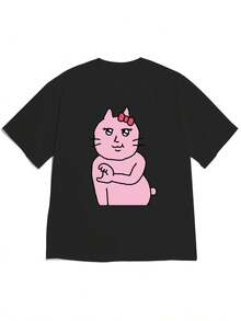 New Spring/Summer 2026 Off-Shoulder Short Sleeve T-Shirt, Summer, Elegant And Chic, Pink With Red Bow, Fun Cartoon Cat Hand-Holding Illustration, Short Sleeve T-Shirt, Fancy And Cute Style, Comfortable And Skin-Friendly, For Daily Outings, Daily Wear For Sweet Girls Or Students, Cool And Sweat-Free Summer Clothes, Elegant Party Outfit, T-Shirt For Elegant Ladies, Blouses Suitable For Curvy Women - 黑色 - 查看 1