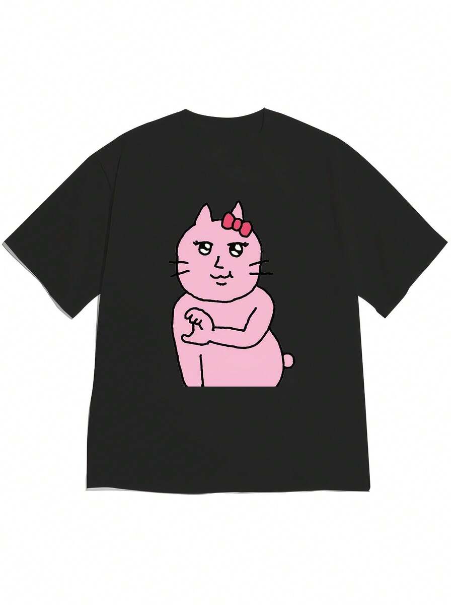 New Spring/Summer 2026 Off-Shoulder Short Sleeve T-Shirt, Summer, Elegant And Chic, Pink With Red Bow, Fun Cartoon Cat Hand-Holding Illustration, Short Sleeve T-Shirt, Fancy And Cute Style, Comfortable And Skin-Friendly, For Daily Outings, Daily Wear For Sweet Girls Or Students, Cool And Sweat-Free Summer Clothes, Elegant Party Outfit, T-Shirt For Elegant Ladies, Blouses Suitable For Curvy Women - 黑色 - 查看 1
