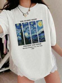 Limited EditionWomen's-fashionPlayera estampada con diseño de una pintura famosa, estampado, casual de mujer, cuello redondo, manga corta, para todos los días, llamativa, moderna, holgada, paraí.New loose and versatile topLightweight Cotton - Blanco - Ver 7