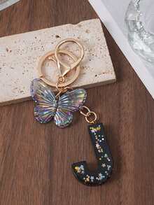 1pc A-Z Black Glitter Letter & Butterfly Keychain, Initial Resin Keyring, Holographic Butterfly Bag Charm, Car Key Accessory, Fashion Aesthetic Gift For Girls - Black - View 26