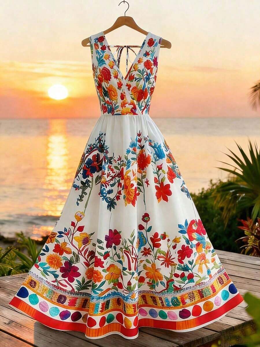 Vestido de línea A sin mangas con estampado de colocación de cuello en V de colores múltiples para vacaciones de verano de mujer - Multicolor - Ver 1